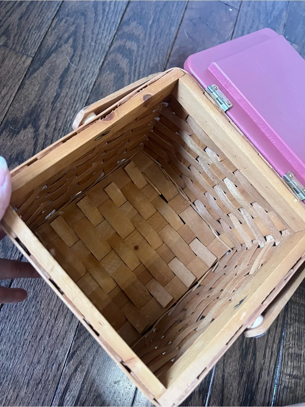 Woven vintage Chicken Feed Basket with Decorative Rooster Lid by Susan Winget